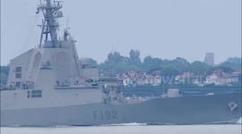 NATO warship departs the Thames off Kent, UK