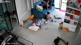 Wild monitor lizard creeps into house as toddler plays in front of TV