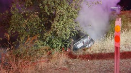 USA: Car Flies Into Ditch Off 5 Freeway and Burns in Griffith Park
