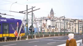T1 tram at on the bridge at Eminonu, a popular destination in istanbul