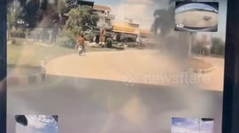 Tesla car ploughs through road signs to avoid motorcycle