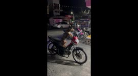 Pet dog diligently guards owner's motorcycle outside shop