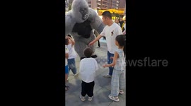 Angry dad karate kicks gorilla mascot that knocked over child by accident