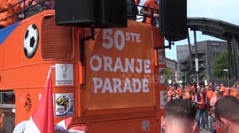 Dutch football fans marching in Hamburg prior the match against Poland