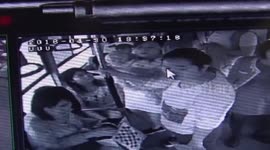 Passengers fall down after bus suddenly brakes to avoid crash
