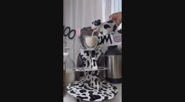 French Bulldog makes almond milk dressed in cow outfit with his owners help, very cute