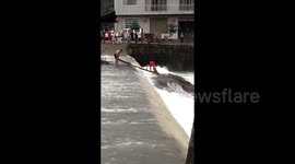Brave rescuers save dog from swift floodwaters in China