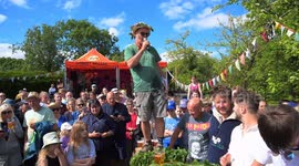 2024 World Nettle Eating Championships at the Dorset Nectar Cider Farm at Waytown in Dorset, UK.