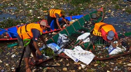 Indonesia: Joint Officers using a wooden boat clean up plastic waste that has settled in the Citarum River in Batujajar