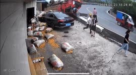 Chinese man flees as out-of-control truck carrying corn overturns into residential courtyard