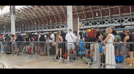 Long queues at Paddington Station, London, as throngs of backpackers head to Glastonbury