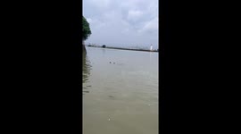 Fisherman floats on his back to cool off during hot weather