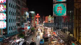 Thailand: Drone footage of Chinatown at night, in Bangkok