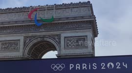Paris 2024 Olympic and Paralympic Games. After the Olympic rings installed on the Eiffel Tower, it is the turn of the Agitos, symboles of Paralympic Games to be installed on the Arc de Triomphe this Friday, June 28.
