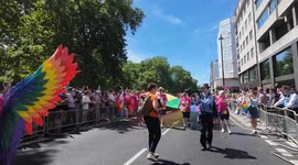Dame Kelly Holmes and Ella Morgan and leather-men react to anti LGBT protestors at the Pride Parade 2024 in London
