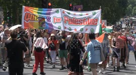 'Queers For Palestine' marchers take part in Pride 2024 rally in London