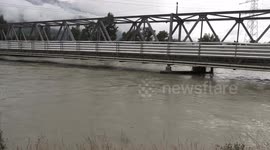 Extreme High level of Rhone river in Switzerland creares flooding, closes roads, railroads.