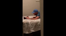 Caught kitten-handed: Husband shouts when caught in secret playtime with homeless cat
