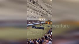 Spanish mounted police display their showjumping skills