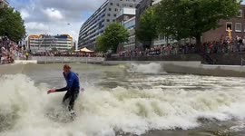 Artificial surf pool opens in central Rotterdam, Netherlands