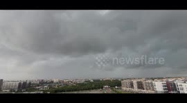 Ciclon Delia covered St Petersburg with the dark sky, Russia