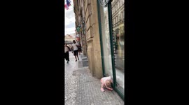 Adorable & independent baby girl will NOT wait for shopkeeper to open the door