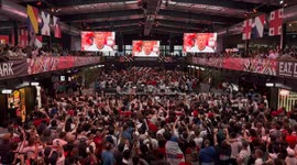 Jubilant celebrations of hundreds of England fans gathered at Boxpark Wembley in London as Harry Kane scores a penalty for England vs The Netherlands at the Euro 2024 football tournament in Germany. (4K video). London, England, 10th July 2024.