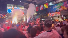 England fans celebrate at Boxpark Wembley in London as Ollie Watkins scores in the 90th minute for England vs The Netherlands at the Euro 2024 football tournament in Germany. (4K video). London, England, 10th July 2024.
