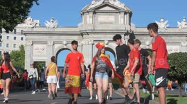Spain's national men's football team celebrates their 4th UEFA Euro title with thousands of fans at Cibeles Square in Madrid