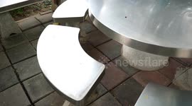 Broken stone furniture replaced with Terminator-style steel surfaces