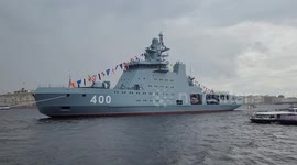 Navy Ships stay on a raid in the river Neva for the Navy day parade 2024 in St.Petersburg, Russia