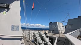 United States: HNLMS Tromp firing Harpoon missle during SINKEX at RIMPAC 2024