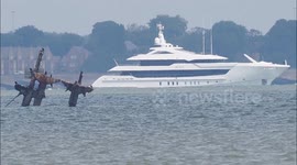 Superyacht Iris Blue arrives on River Thames off Kent, UK