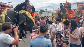 Families offer food to elephant-riding monks during Buddhist festival