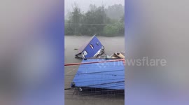 Cat climbs roof as house collapses from flash flood