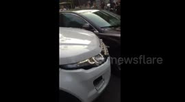 Range Rover smashes Jaguar blocking its road