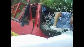 Out-of-control tricycle head-on crashes car
