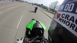 Motorcycle does wheelie and than crashes