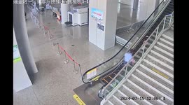 Heroic police officer springs to rescue elderly passenger tumbling down escalator in China