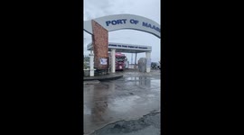 Truck decorated with Hello Kitty theme drives through port