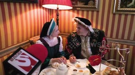 Horrible Histories Terrible Tudors stars Neal Foster and Emma Swan in character argue about scones.