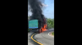 Fire burns heavily on a truck that was traveling in Mamuju, West Sulawesi, Indonesia