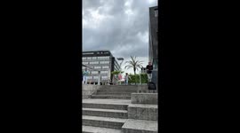 Roller skating expert's backward stair descent mishap