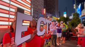 Demonstrators rally against Project 2025 in New York City’s Times Square