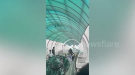 Mother and kids flee from falling debris as storm batters pier in Thailand