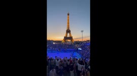 Eiffel Tower sparkles before USA beach volleyball match in Paris
