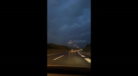 Thunderstorm over Highway, driving car on highway, thunderstorms all around