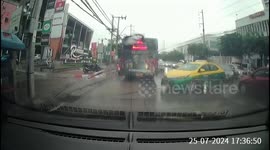Driver road rages at a line of traffic that keeps coming and blocks the road