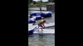 Fun-filled day: Man meets endless slippery falls at the inflatable water park