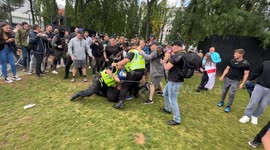 Fight in Piccadilly Gardens during right wing protest.
